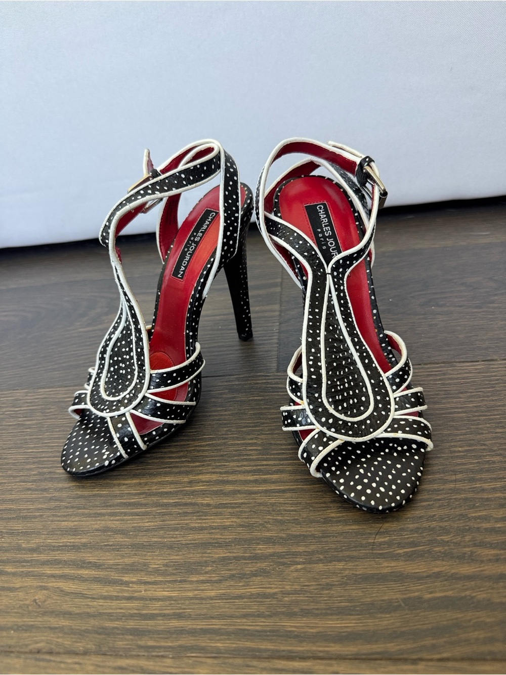 Charles Jourdan Black and White Polka Dot Strappy Stiletto Heels